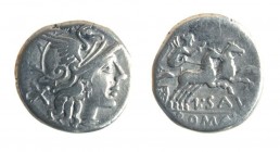 Denier AR
L. Saufeius, 152 BC, Helmeted head of Roma right; behind, X / Victory in biga right, holding whip and reins; below, L SAVF; in ex. ROMA in ...