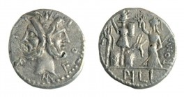 Denarius AR
M. Furius, 119 BC, Laureate head of bearded Janus / Roma standing left, holding wreath and scepter; to left, trophy of Gallic arms flanke...