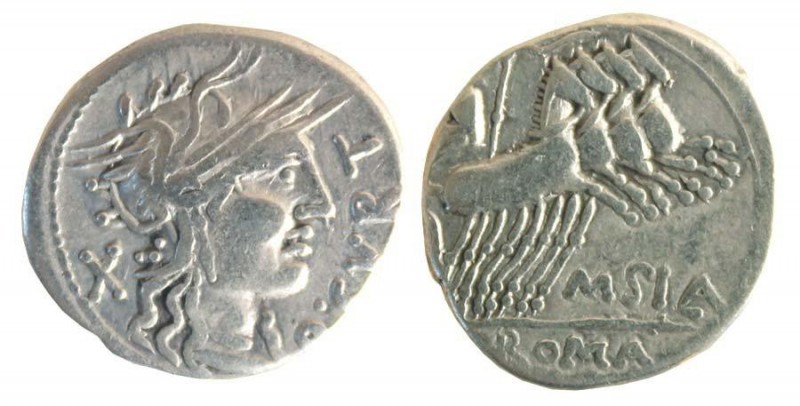 Denier AR
Quintus Qurtius and M. Silanus, 116-115 BC, Helmeted head of Roma to ...