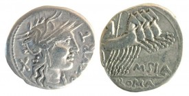 Denier AR
Quintus Qurtius and M. Silanus, 116-115 BC, Helmeted head of Roma to right; behind, X; before, Q CVRT / Jupiter in quadriga right, M SILA a...