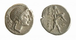 Denier AR
M. Herennius, 108-107 BC, Head of Piety right / Amphinomus carrying his father
18 mm, 3,77 g>br>Herrenia.1. Cr.308/1b