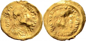 Tremissis AV
Justinus I Trax (518-527), Constantinople, Victoria
16 mm, 1,20 g
Hahn 5; Sear 58