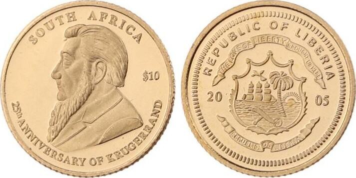 10 Dollars AV
Liberia, 25th Anniversary of Krugerrand, Gold 585
11 mm, 0,5 g
...