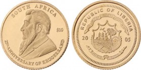 10 Dollars AV
Liberia, 25th Anniversary of Krugerrand, Gold 585
11 mm, 0,5 g
Friedberg 114