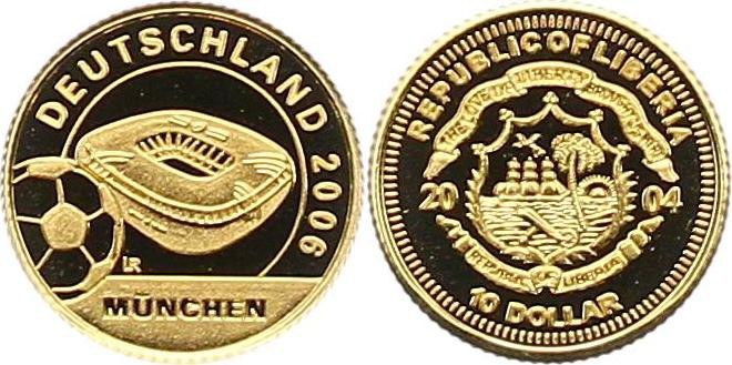 10 Dollars AV
Liberia, World Cup 2006, München, Gold 585
14 mm, 1,24 g