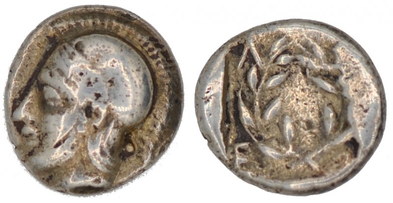 Aiolis, Elaia. Civic issue. 450-400 B.C. AR diobol (10mm, 1.21g, 7h). Head of At...