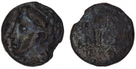 Aiolis Temnos. 4th century BC. AR obol (9mm, 0.80g, 11h). Laureate head of Apollo left / T-A, kantharos. Traité 2073 var (diobol). SNG Cop -; BMC -; S...