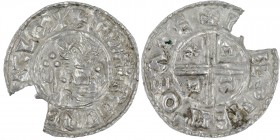 England. Aethelred II. 978-1016. AR Penny (20mm, 1.29g, 3h). Crux type (BMC iiia, Hild. C). Exeter mint; moneyer Hunwine(?). Struck circa 991-997. + Æ...