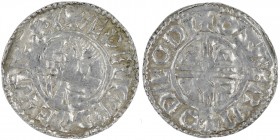 England. Aethelred II. 978-1016. AR Penny (20mm, 1.45g, 12h). Crux type (BMC iiia, Hild. C). Thetford mint; moneyer Osbern. Struck circa 991-997. + ÆÐ...