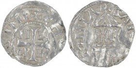 Germany. Cologne. Pilgrim, with Conrad II 1024-1039. AR Denar (18mm, 1.23g). Cologne mint. +CHV[__]SIMP, cross PI–LI/GR–IM in angels / + SAN[CTA CO]LO...
