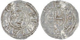 Germany. Duchy of Franconia. Otto III. 983-1002. AR Denar (18mm, 0.88g). Würzburg(?) mint. + [_]KI.LIAVO, Head of St. Kilian right / +OTT[O]RE, cross....