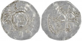 Germany. Duchy of Franconia. Otto III. 983-1002. AR Denar (18mm, 1.00g). Würzburg mint. Head of St. Kilian right / Cross. Dbg. 855. Fine, flat spots.
