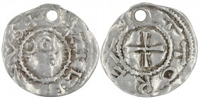 Germany. Duchy of Franconia. Otto III. 983-1002. AR Denar (12mm, 0.75g). Würzburg mint. Head of St. Kilian right / Cross. Dbg. 855. Fine, flat spots, ...