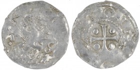 Germany. Duchy of Franconia. Otto III. 983-1002. AR Denar (18mm, 1.07g). Würzburg mint. S K[ILIANV], Bust of St. Kilian right/[+] OTTO IM [PE], cross ...