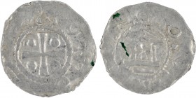 Germany. Mainz. Otto III 983-1002. AR Obol (14mm, 0.52g). Mainz mint. [__] OTTO [__], cross with pellets in each angle / Church facade. Dbg. 780. Fine...