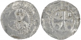 Germany. Mainz. Heinrich II 1002-1024. AR Denar (17mm, 1.67g). Bust facing / Cross with pellets in each angle. Dbg. 802, Kluge 445. Fine, usual flat s...