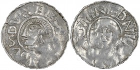 Germany. Duchy of Saxony. Bernhard I 973-1011. AR Denar (18mm, 1.29g). Bardowick (or Lüneburg or Jever?) mint. BER[NHAR]DVS DVX, head left / [__]OMINE...