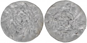 Germany. Erfurt. Heinrich III 1038-1056. AR Denar (20mm, 1.09g). Erfurt mint. Head facing / Temple with cross in center, A and V(?) on each side. Dbg....