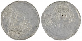Germany. Lower Saxony. Otto III 983-1002. AR Denar (19mm, 1.16g). Goslar mint. AELDEIDA+ [OTTO], head left / +D[_]R[__], cross with O-D-O-D in angles....