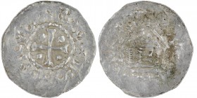 Diocese of Metz. Theodoric II. 1004-1046. AR Denar (23mm, 1.45g). Cross with pellet in each angle / Temple on columns, E inside. Dbg. 19-20 var., Weil...