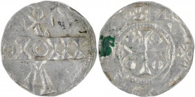 The Netherlands. Nijmegen-Tiel. Ca 995-1000. AR Denar (18mm, 1.21g). Unknown mint in the Nijmegen-Tiel region. S / OIOIII / A, imitating Cologne monog...