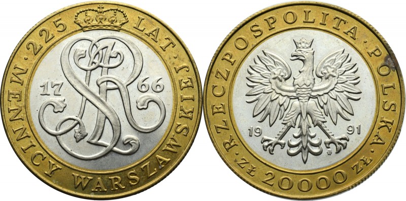 III Republic of Poland, 20.000 zloty 1991 225 years of Warsaw Mint Bardzo ładny,...