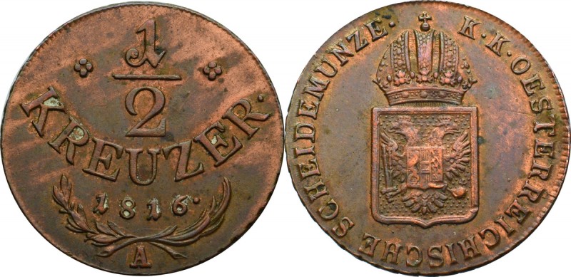 Austro-Węgry, 1/2 krajcara 1816 
Grade: XF+ 

Austria, Osterreich