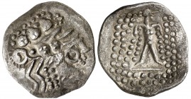 (s. II-I a.C.). Celtas del Danubio. Tetradracma. 15,86 g. Imitación de un tetradracma de Tasos. Raspadura en anverso. Dobleces en borde. (MBC+).