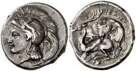 (350-281 a.C.). Italia. Velia. Didracma forrada. (S. 461). 6,96 g. Pequeñas incisiones en canto. MBC+.
