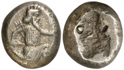 (450-330 a.C.). Lidia. Siglos. (S. 4683). 5,45 g. Contramarca y punzonada en reverso. MBC.