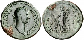 (128 d.C.). Adriano. Sestercio. (Spink 3602 var) (Co. 819 var) (RIC. 970). 27,45 g. Concreción. Pátina verde. (MBC).