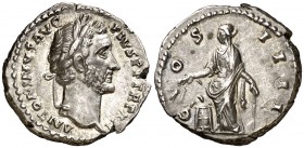 (148-149 d.C.). Antonino pío. Denario. (Spink 4067 var) (S. 284) (RIC. 175). 3,79 g. Atractiva. EBC-.