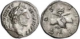 (146 d.C.). Antonino pío. Denario. (Spink 4078) (S. 344) (RIC. 136). 2,94 g. MBC+.