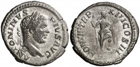 (210 d.C.). Caracalla. Denario. (Spink 6869 var) (S. 477) (RIC. 117a). 2,89 g. EBC-/MBC+.