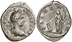 (201 d.C.). Caracalla. Denario. (Spink 6883) (S. 558a) (RIC. 350). 2,96 g. MBC+.