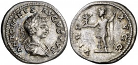 (200 d.C.). Caracalla. Denario. (Spink 6902) (S. 664a) (RIC. 354 var). 3,27 g. MBC+.