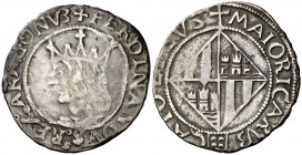 Ferran II (1479-1516). Mallorca. Ral. (Cru.V.S. 1182) (Cru.C.G. 3096 var). 2,20 g. Busto de perfil recto. Corona con tres florones. BC+/MBC-.