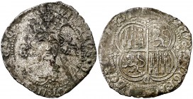 Enrique II (1368-1379). ¿Córdoba?. Real de vellón de busto. (AB. 433.1). 3,39 g. Ligeramente doblada. Rara. MBC-.