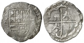 159(...). Felipe II. Toledo. C. 2 reales. (Cal. tipo 369). 6,64 g. Tipo "OMNIVM". Fecha en reverso. Con gráfila circular. Rara. BC+.