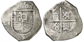 1597. Felipe II. Sevilla. B. 4 reales. (Cal. falta). 13,30 g. Tipo "OMNIVM". Fecha en reverso. Rayitas. Muy rara. (BC+).