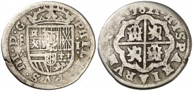 1621. Felipe III. Segovia. . 1 real. (Cal. 477). 2,53 g. Escasa. BC.