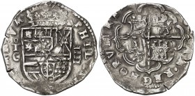 (¿1599?). Felipe III. Toledo. C. 4 reales. (Cal. ¿288?). 13,81 g. Tipo "OMNIUM". Sin gráfila interior. Buen ejemplar. Rara. MBC+.