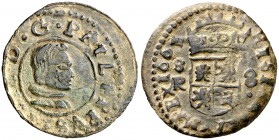 1661. Felipe IV. Sevilla. R. 8 maravedís. (Cal. 1581) (J.S. M-629). 1,59 g. Escasa. MBC-.