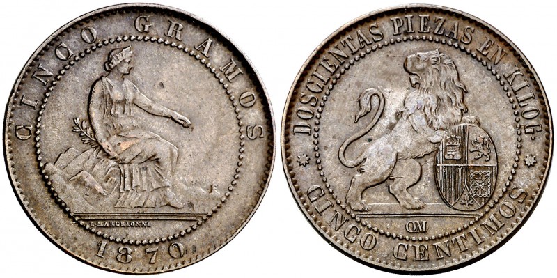 1870. Gobierno Provisional. Barcelona. . 5 céntimos. (Cal. 25). 5,07 g. MBC+.