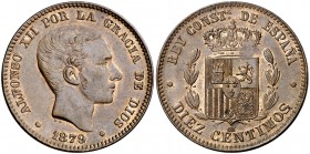 1879. Alfonso XII. Barcelona. . 10 céntimos. (Cal. 69). 9,94 g. Parte de brillo original. EBC.