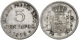 1896. Alfonso XIII. Puerto Rico. PGV. 5 centavos. (Cal. 86). 1,26 g. MBC.