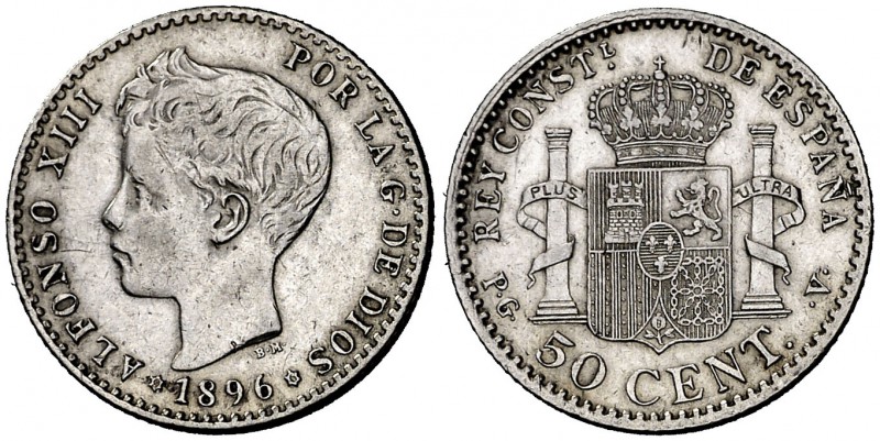 1896*96. Alfonso XIII. PGV. 50 céntimos. (Cal. 59). 2,48 g. MBC+.