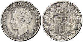 1896. Alfonso XIII. Puerto Rico. PGV. 10 centavos. (Cal. 85). 2,51 g. MBC.