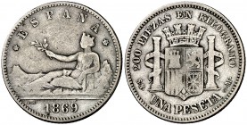 1869*--69. Gobierno Provisional. SNM. 1 peseta. (Cal. 15). 4,84 g. ESPAÑA. Rara. BC.