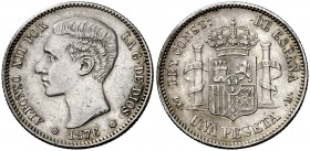 1876*1876. Alfonso XII. DEM. 1 peseta. (Cal. 54). 4,95 g. Leves golpecitos. Buen ejemplar. MBC+.